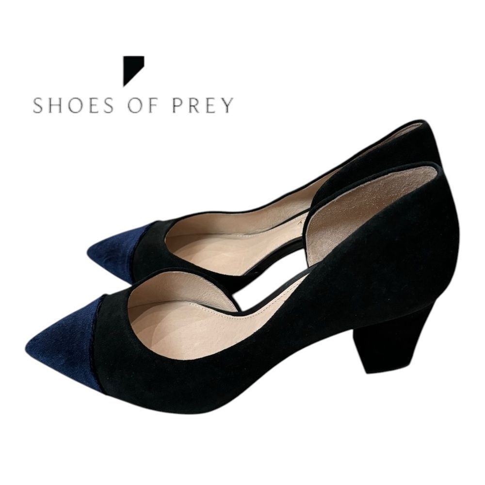 NEW Shoes of Prey Women's Black Suede Leather Navy Velvet Toe Heels 8